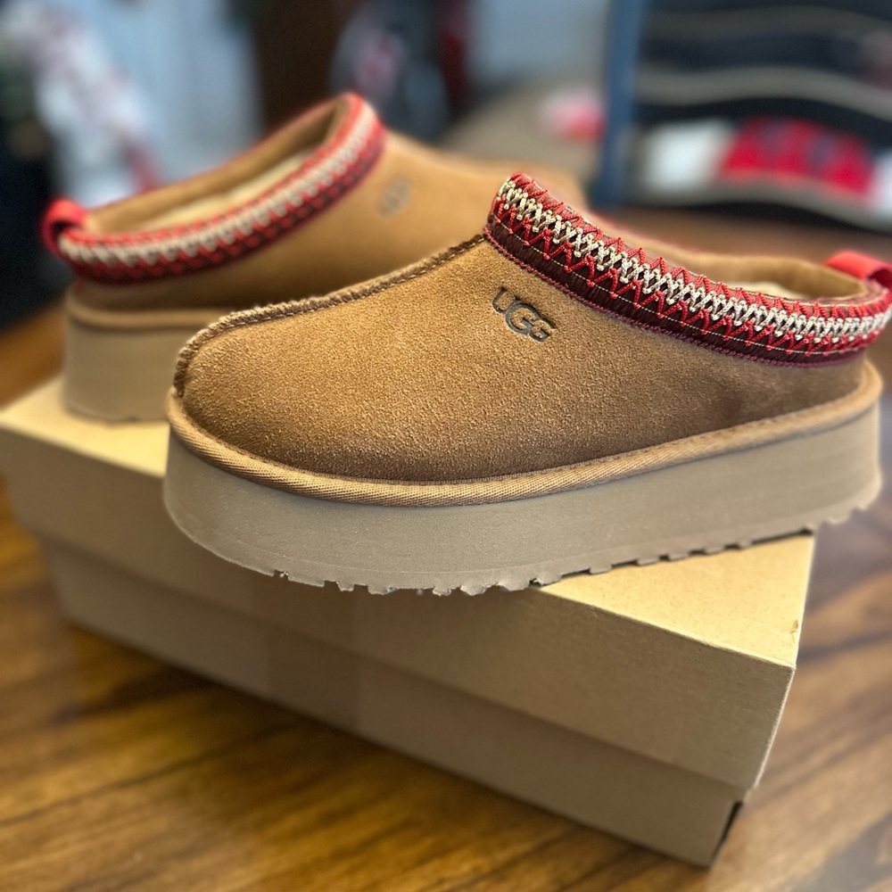 UGG Tasman Chestnut Platform Clogs with Red Trim